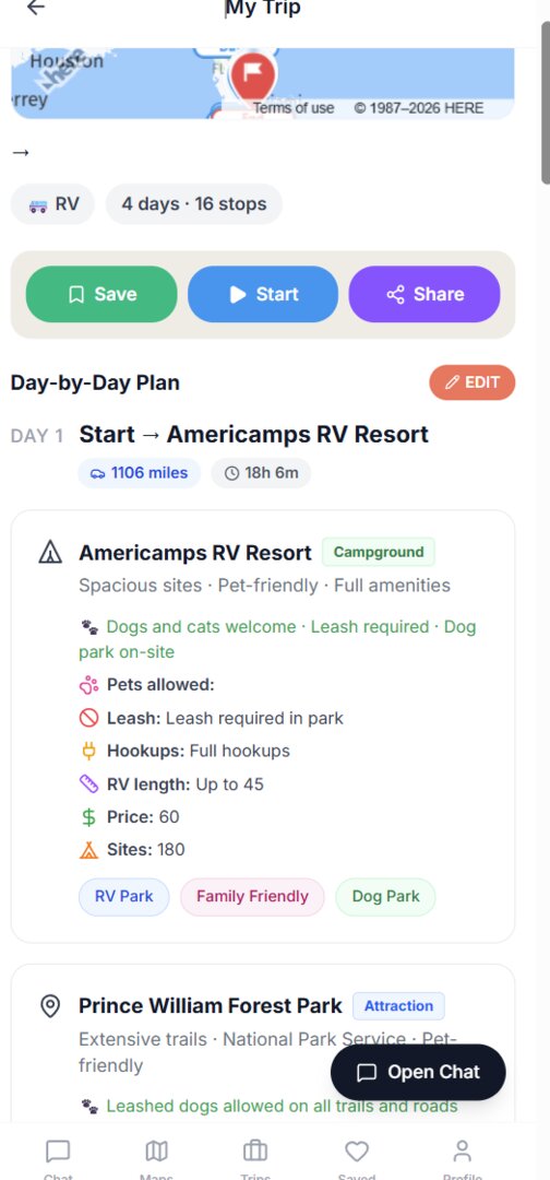 Trip Timeline View — day-by-day plan with map and chronological stops