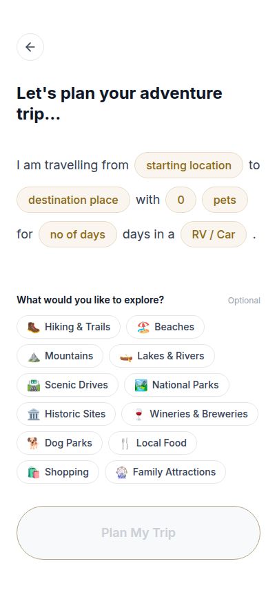 Plan your trip — destination, RV setup, interests