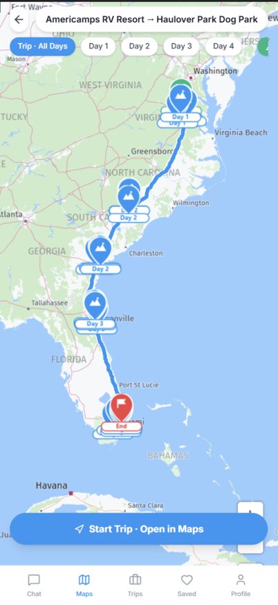 Maps view — discover campgrounds, parks, and adventures nearby